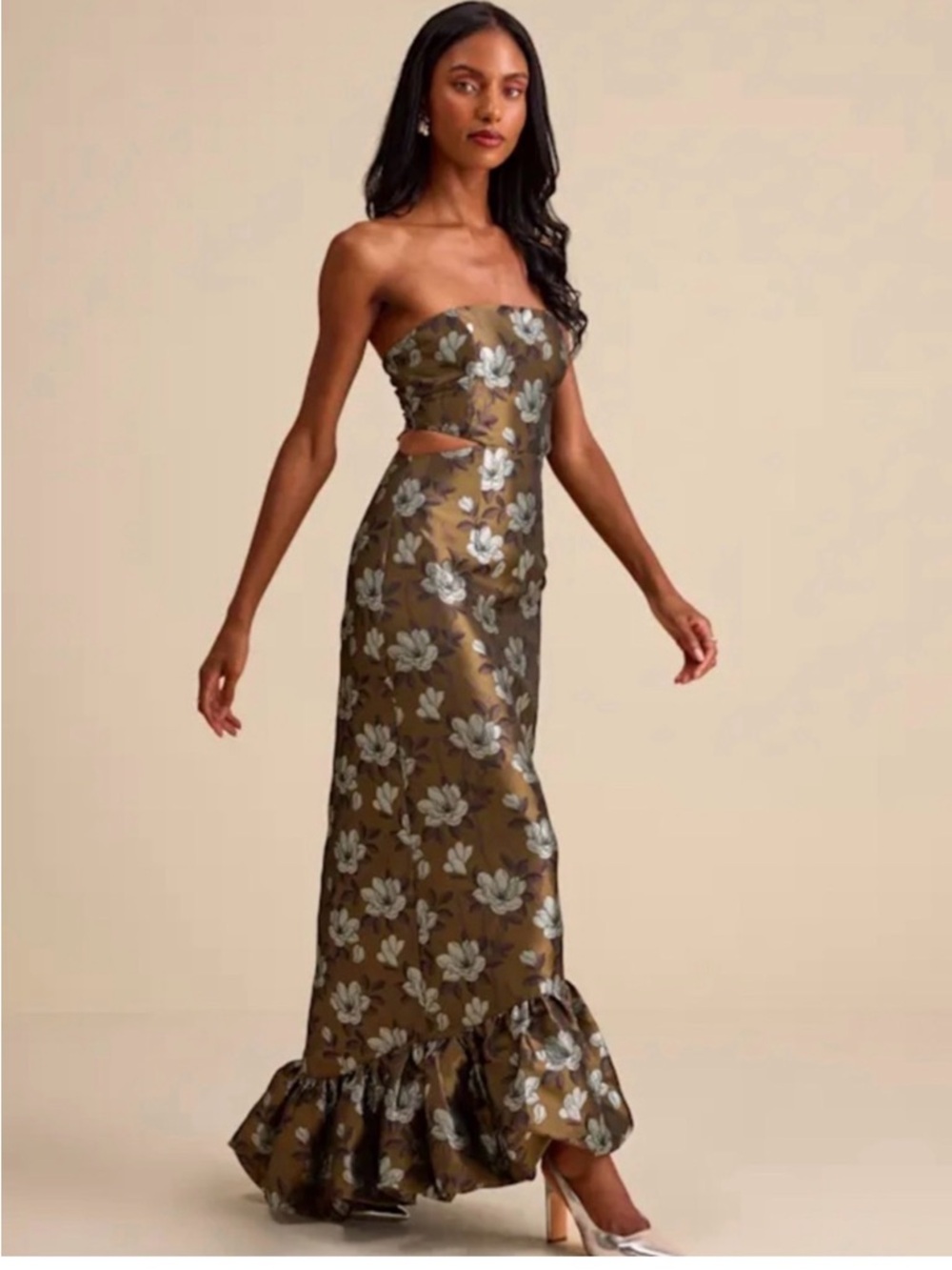 Lulu's Olive Floral Strapless Maxi Dress with Silver Flowers